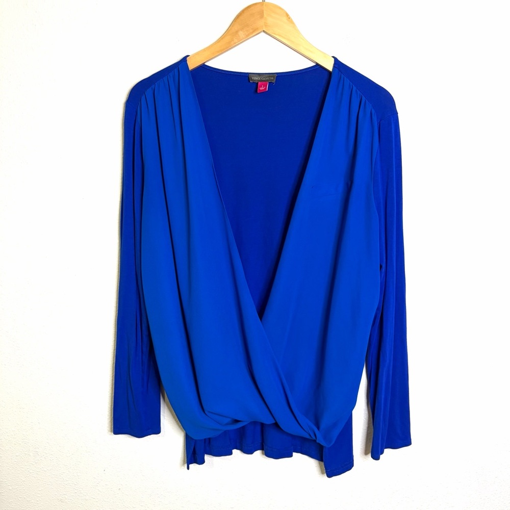 Vince Camuto Royal Blue Draped Blouse Sz L long sleeve mixed fabric v-neck